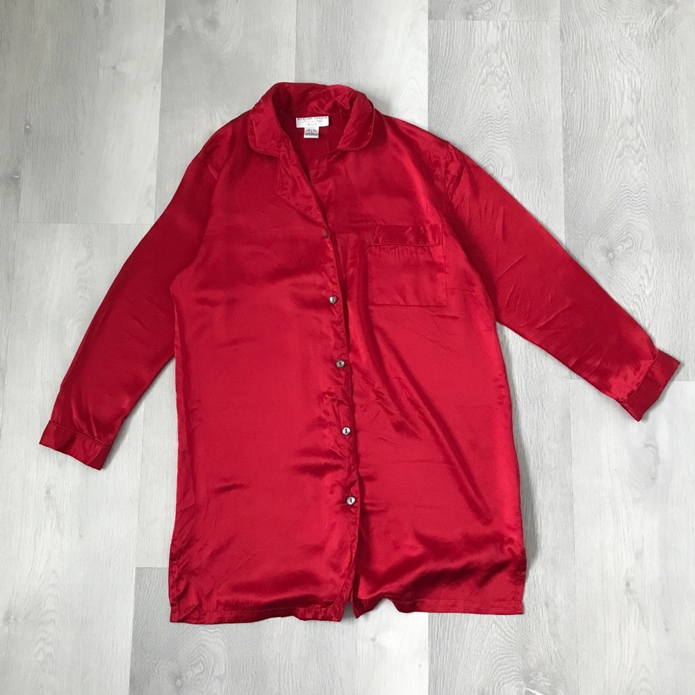 MORGAN TAYLOR RED 100% SILK PJ NIGHT DRESS BUTTON LONG SLEEVE WOMENS S